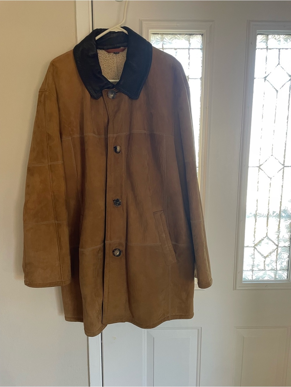 Robert Talbott Tan Suede Shearling Pea Coat with Black Collar